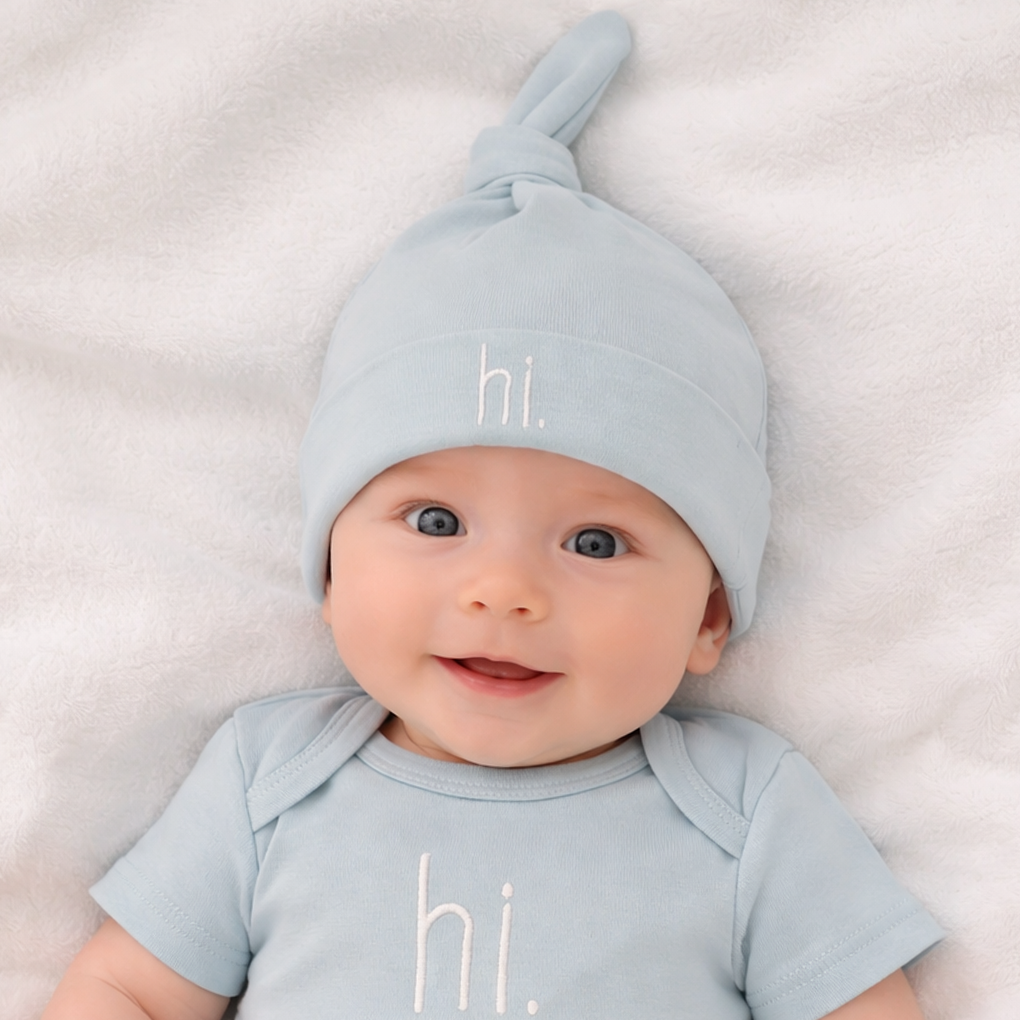 Hi. Embroidered Surf Blue Knotted Baby Hat