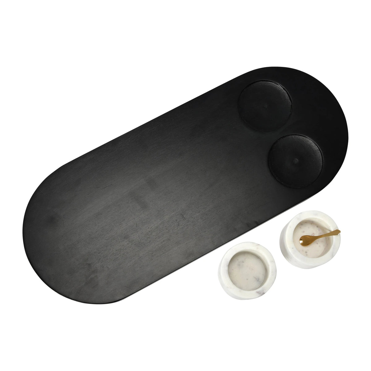 Mango Wood Tray with 2 Marble Bowls + Spoon