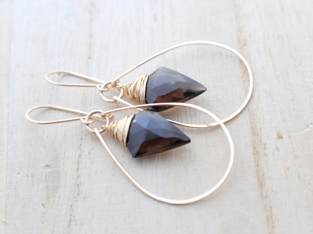 14k Gold Fill Arrow Hoops - Smoky Quartz