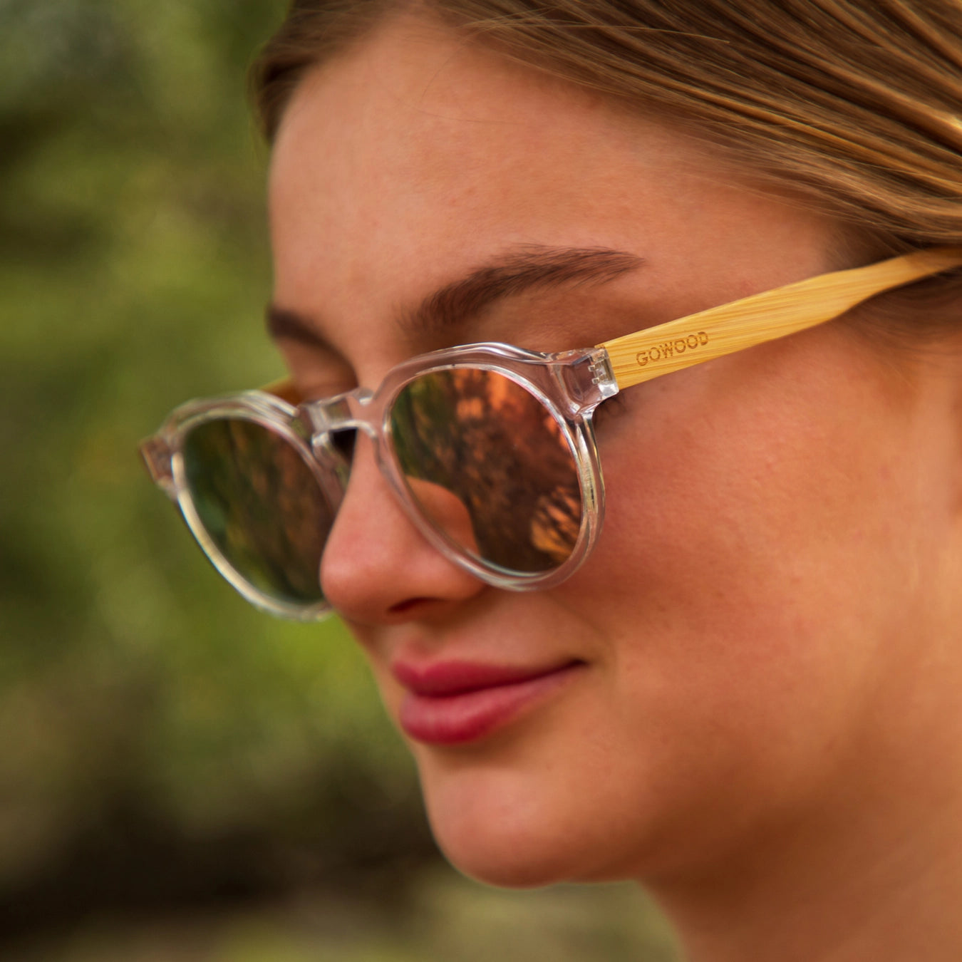 Bamboo Panto Sunglasses Clear Frame Pink Mirrorred