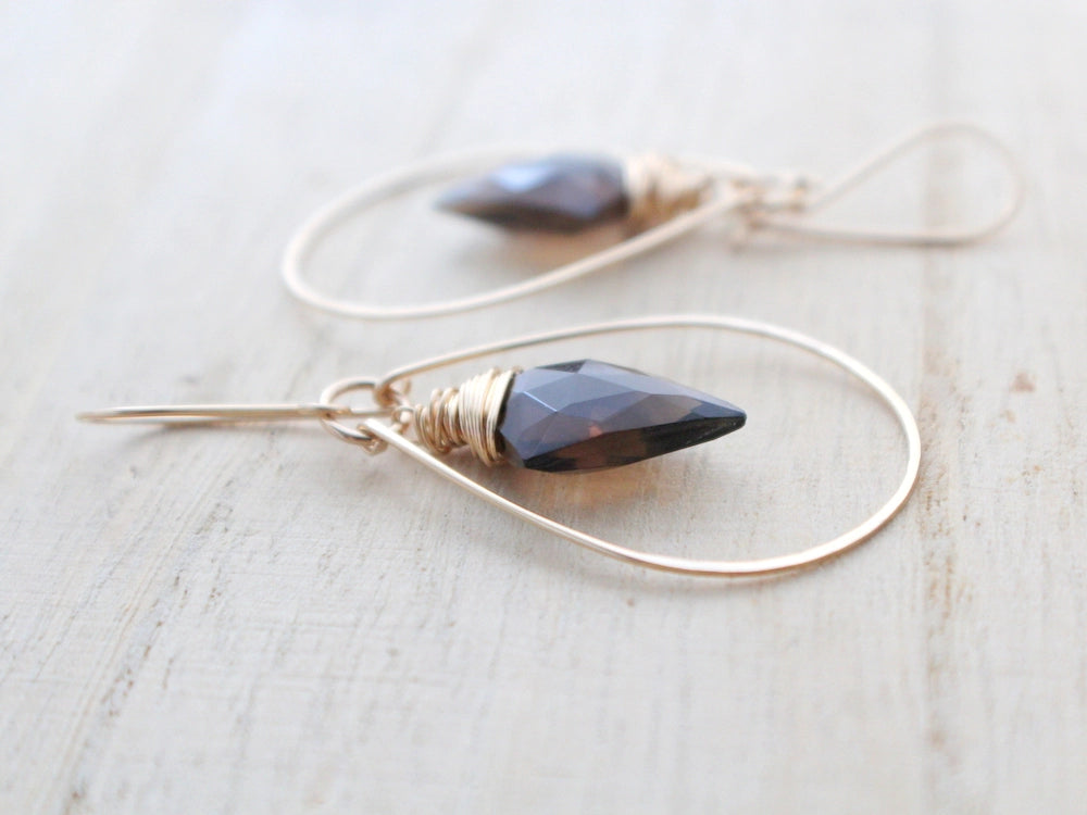 14k Gold Fill Arrow Hoops - Smoky Quartz