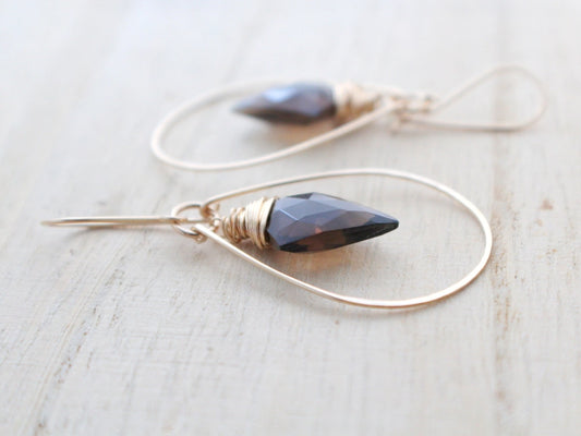 14k Gold Fill Arrow Hoops - Smoky Quartz