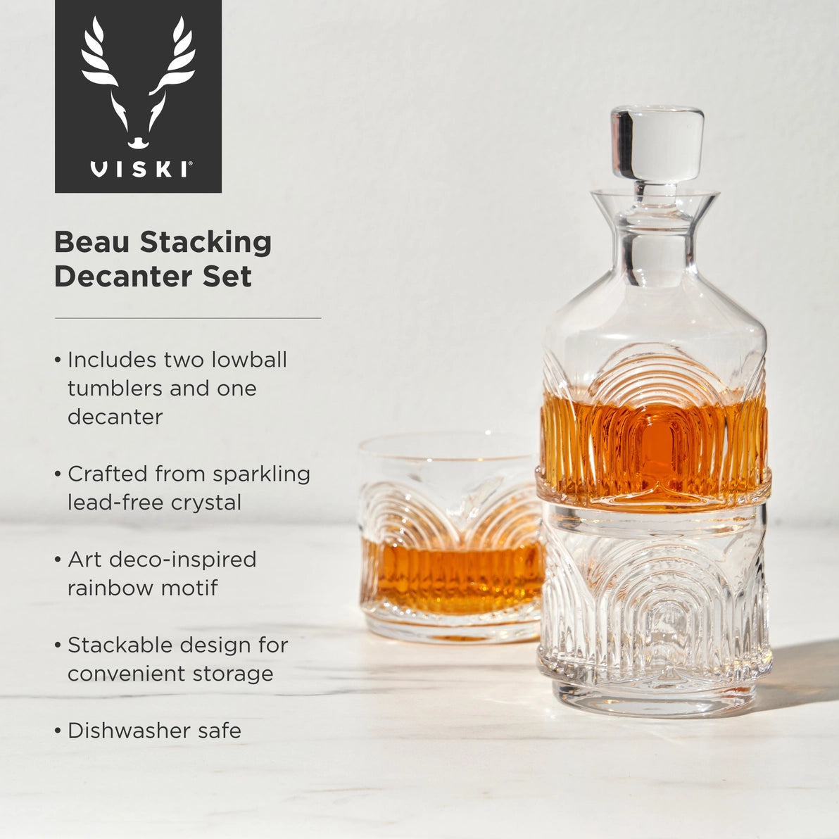 Deco Beau Stacking Decanter + Tumbler Set - Set of 3