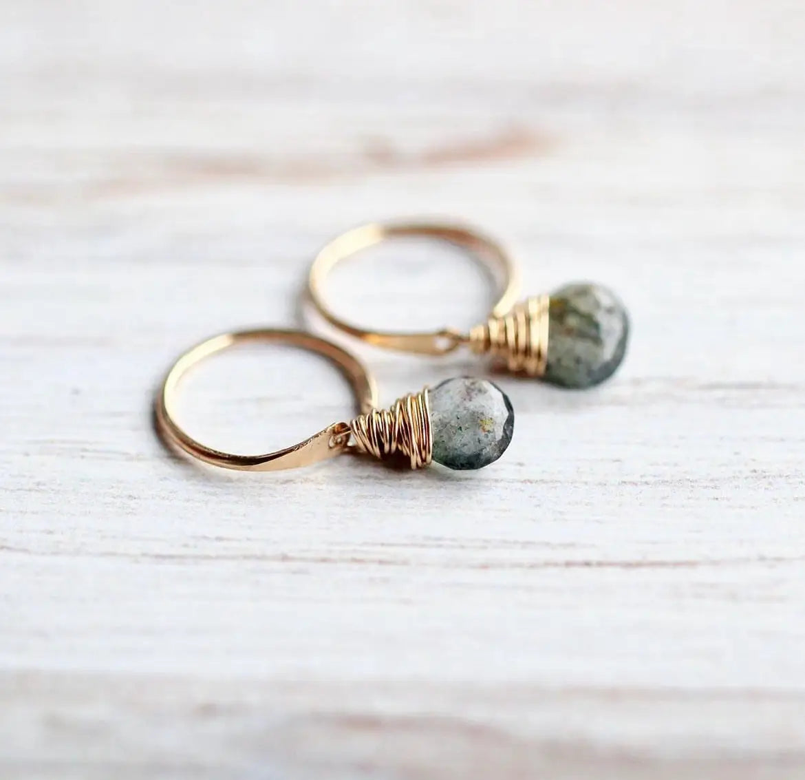 Gemstone Dangle Micro-Hoop Moss Aquamarine 14K Gold-Fill