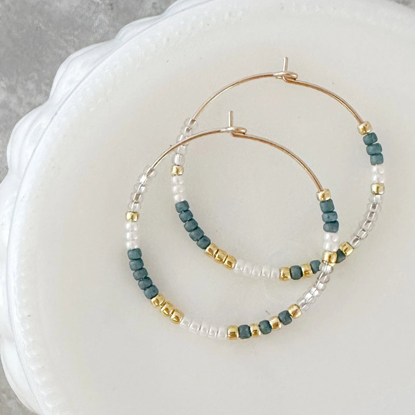 Beaded Hoop Earrings - Sky - Gold