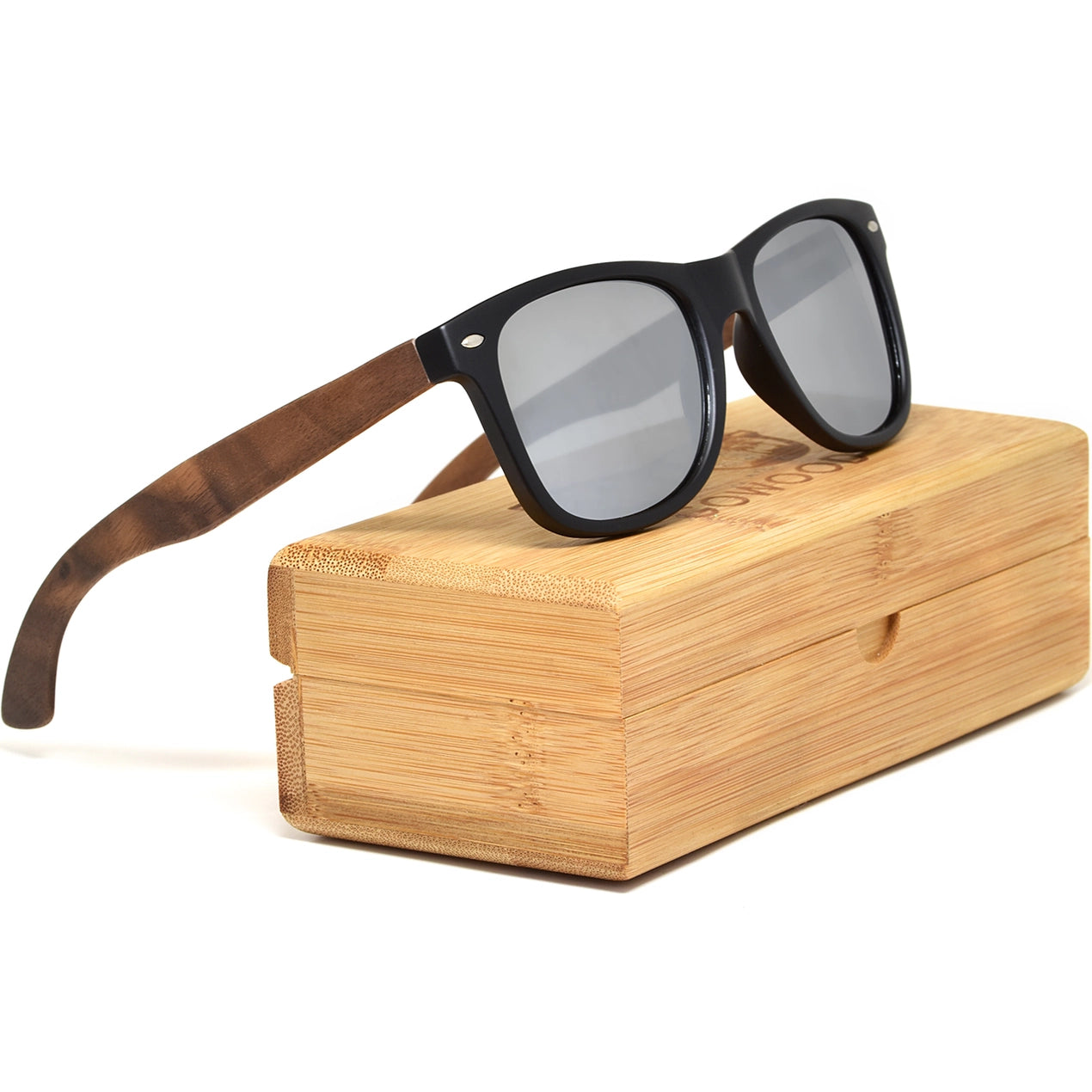 Walnut Wood Sunglasses - Silver Mirrored Polarized Lenses