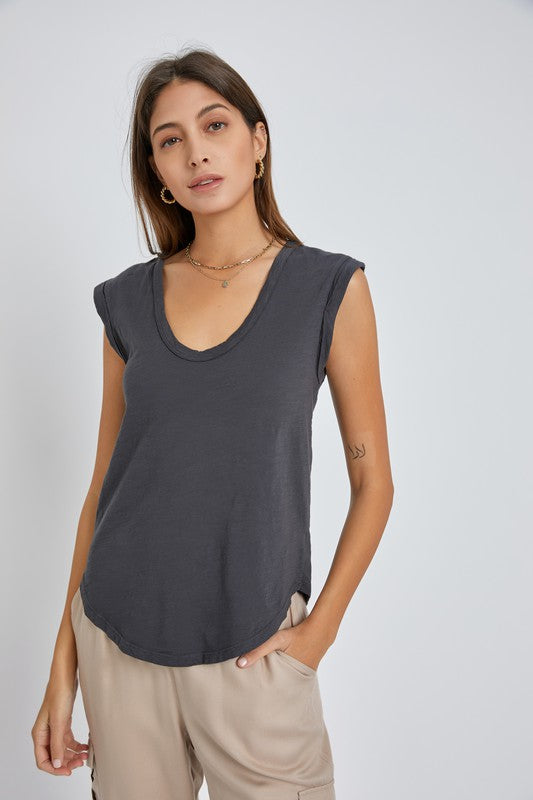 Rhonnie Cap Sleeve Top Charcoal Large