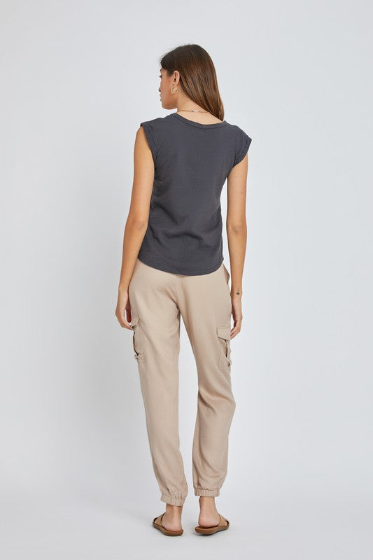 Rhonnie Cap Sleeve Top Charcoal Large