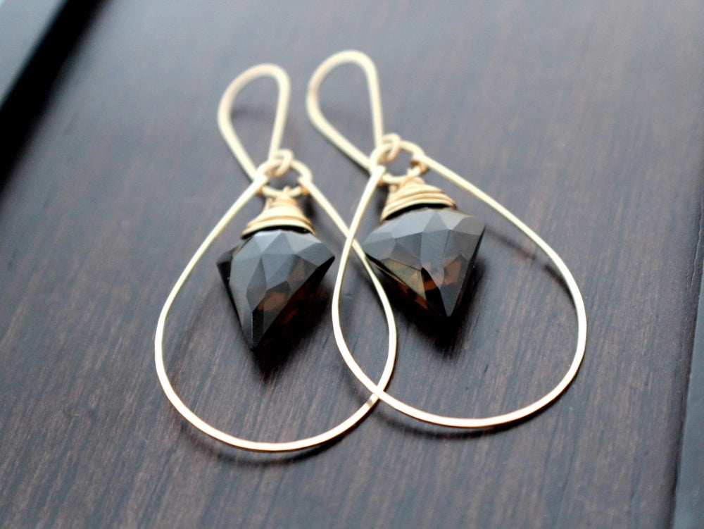 14k Gold Fill Arrow Hoops - Smoky Quartz