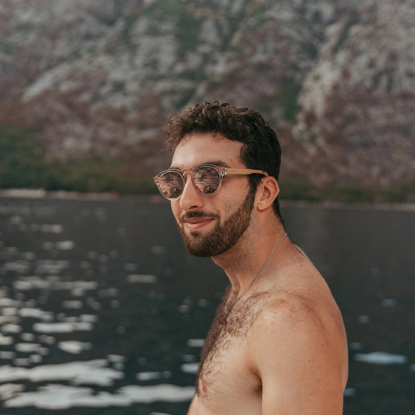 Bamboo Panto Sunglasses Clear Frame Pink Mirrorred