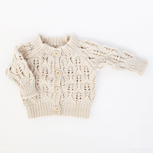 Leaf Lace Hand Knit Cardigan Sweater Natural  0-6 M