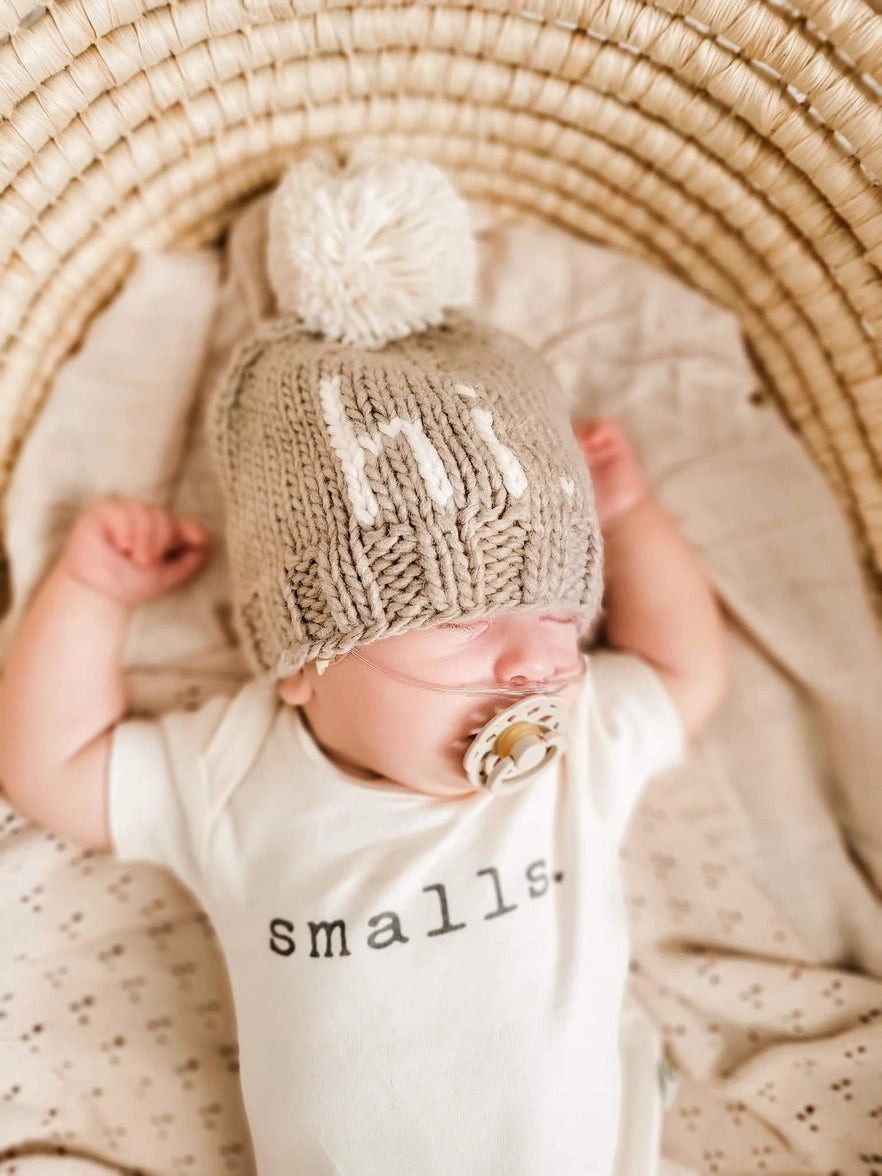 Hi. Hand Knit Beanie Hat Pebble Brown 0-6 M