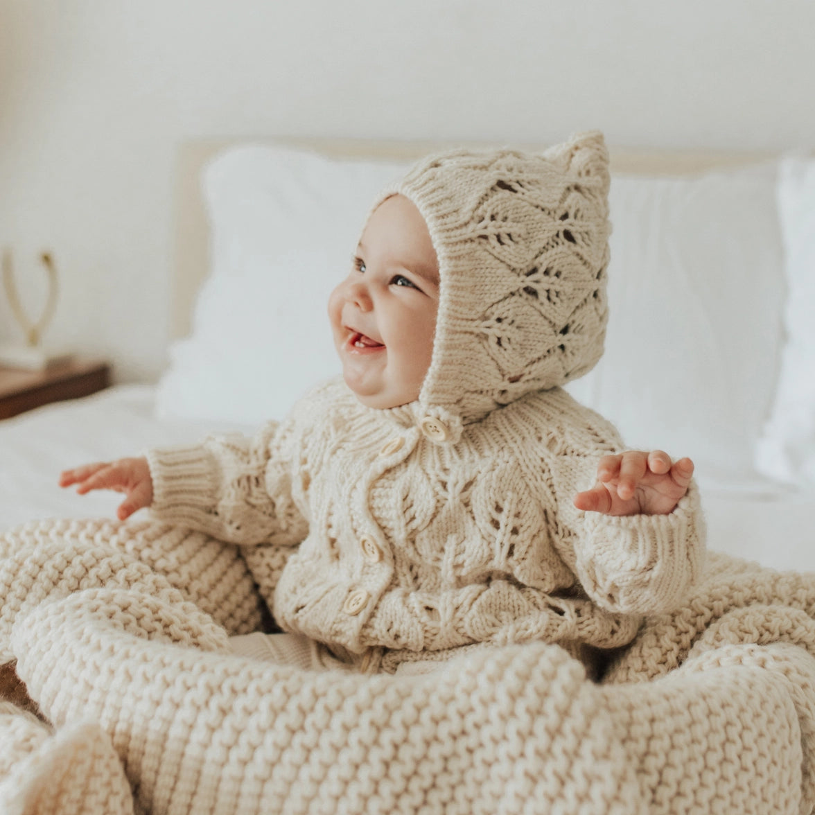 Leaf Lace Hand Knit Cardigan Sweater Natural 0-6 M