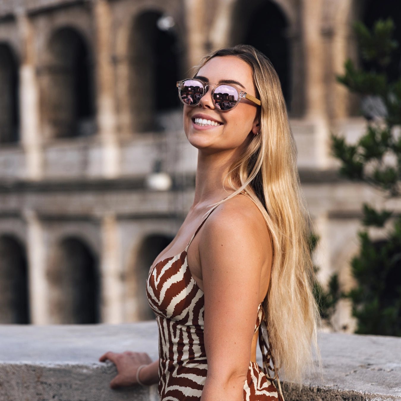 Bamboo Panto Sunglasses Clear Frame Pink Mirrorred