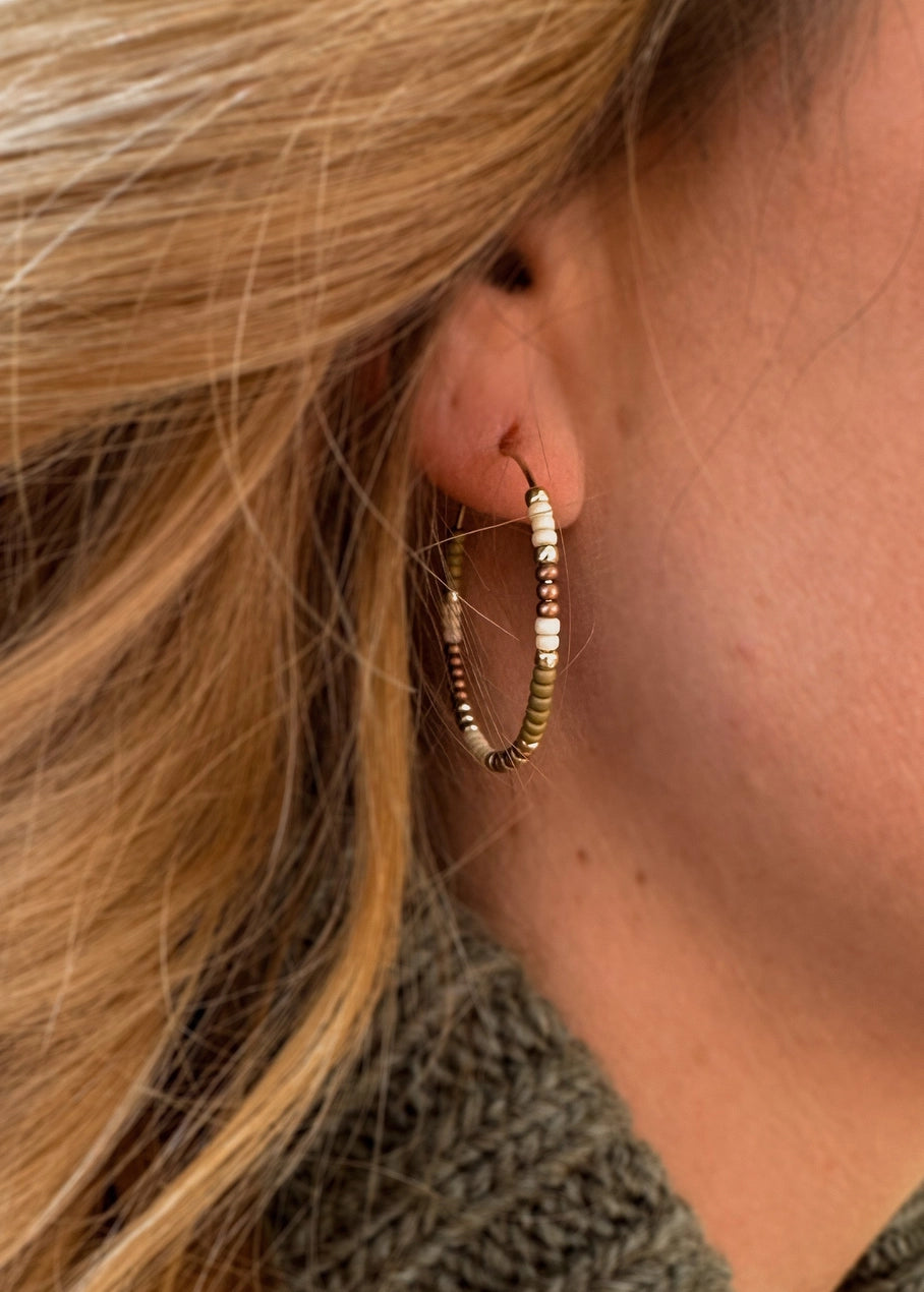 Beaded Hoop Earrings - Sand - Gold