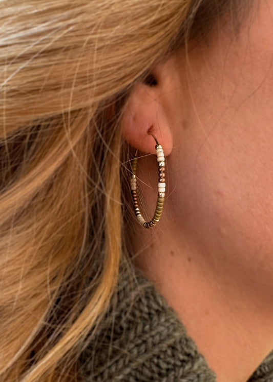 Beaded Hoop Earrings - Sand - Gold