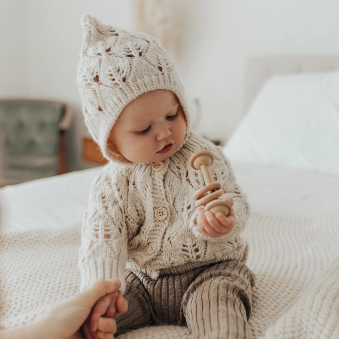 Leaf Lace Hand Knit Cardigan Sweater Natural 0-6 M
