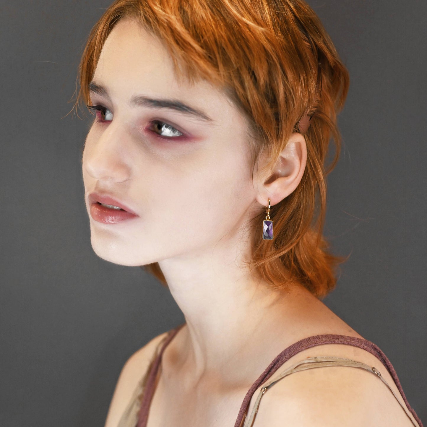Golden Huggie - Rectangle Semi Precious Earrings