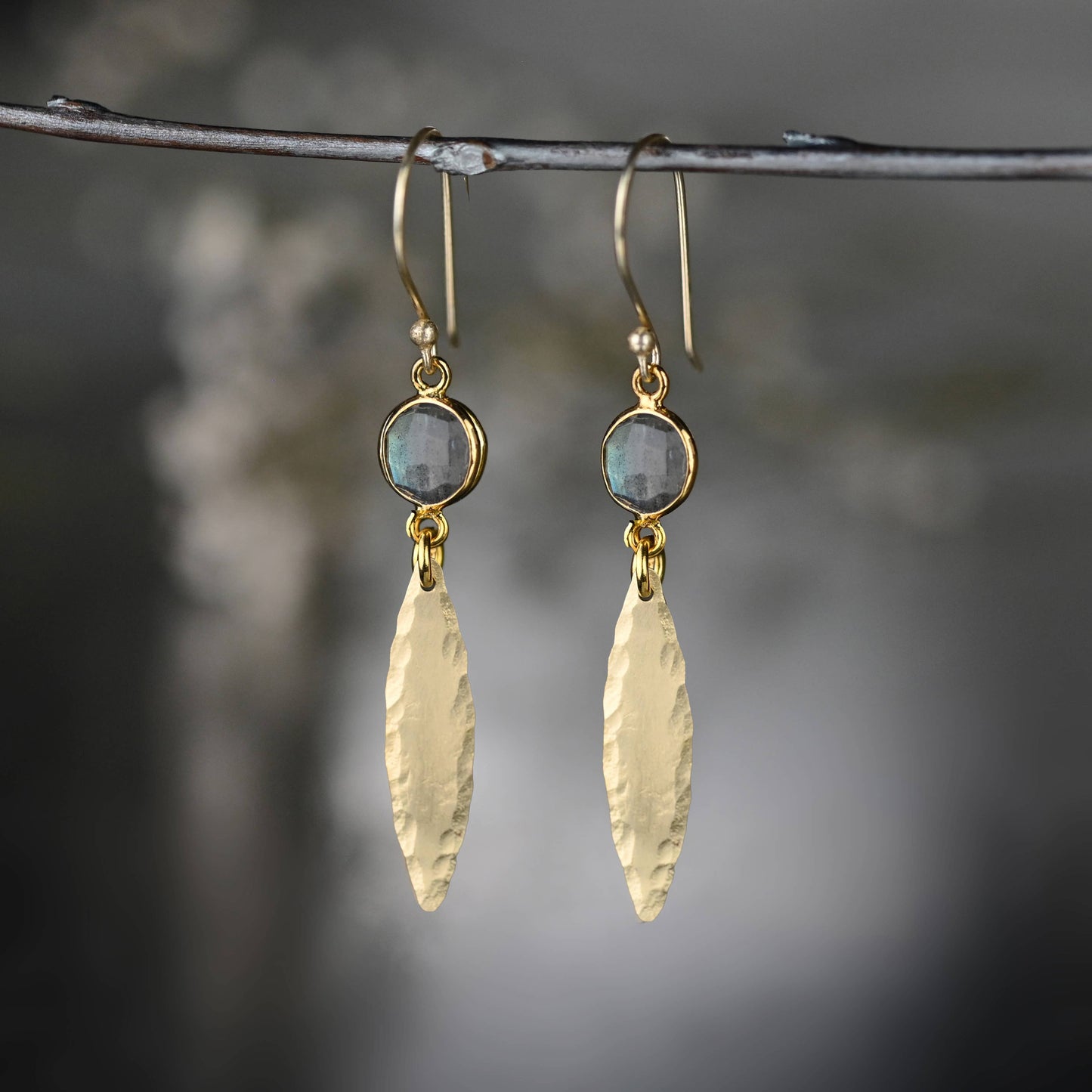Brass Hammered Marquise Semi Precious Earrings