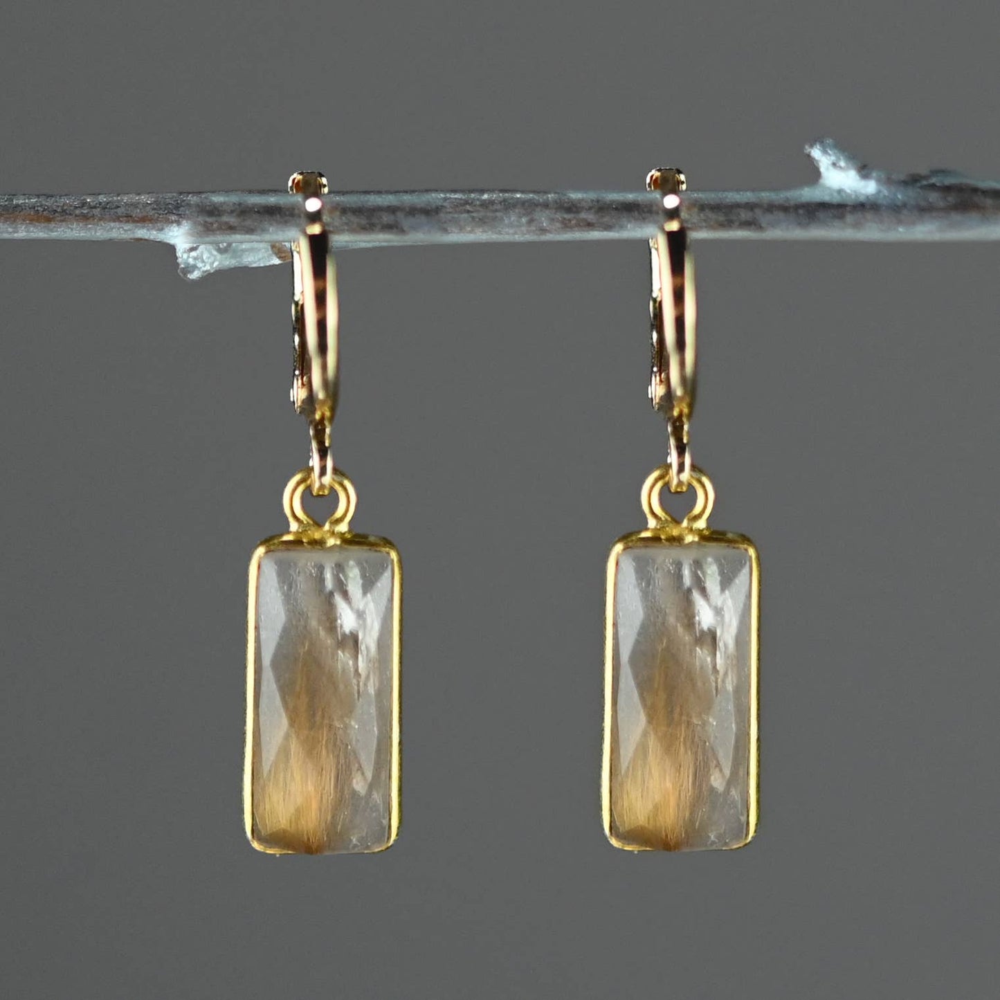 Golden Huggie - Rectangle Semi Precious Earrings