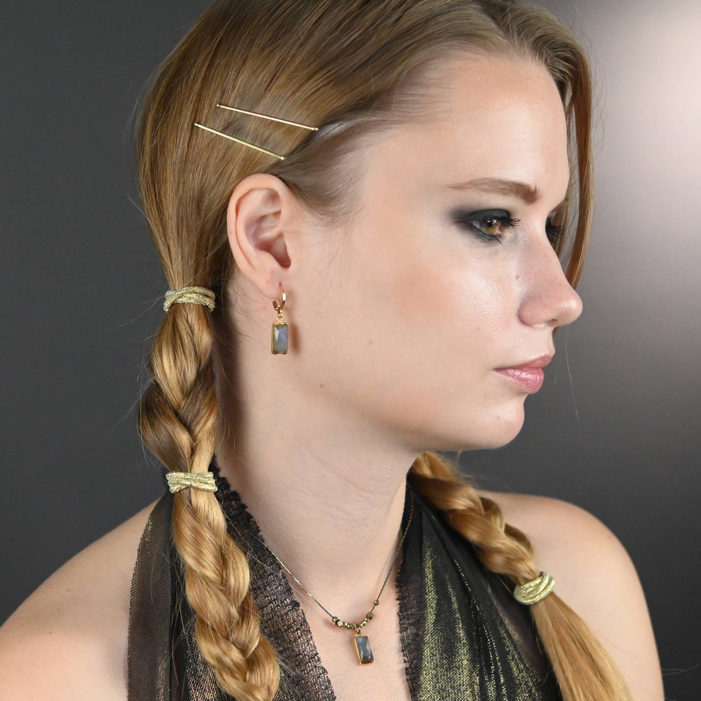 Golden Huggie - Rectangle Semi Precious Earrings