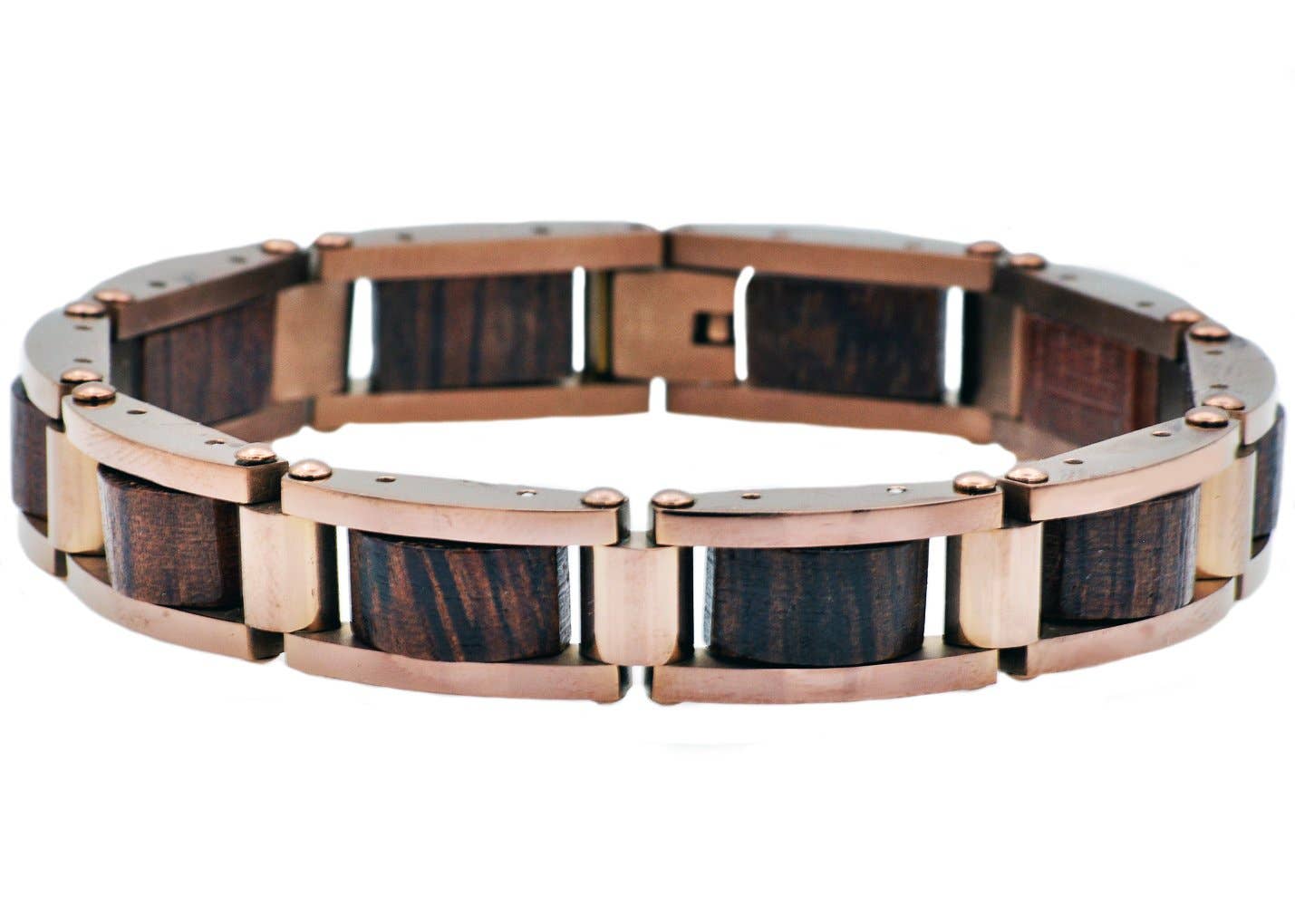 Chocolate Stainless Steel & Genuine Wood Link Bracelet