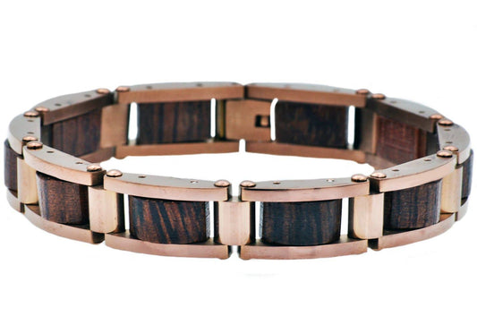 Chocolate Stainless Steel & Genuine Wood Link Bracelet