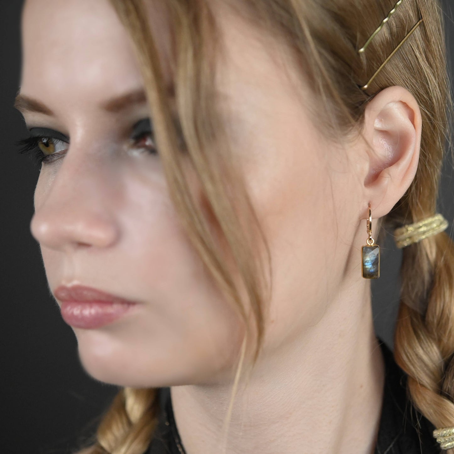 Golden Huggie - Rectangle Semi Precious Earrings