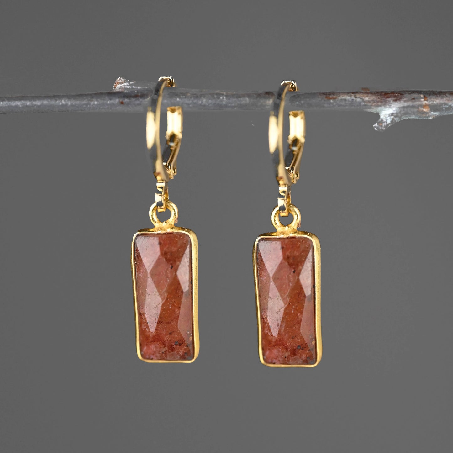 Golden Huggie - Rectangle Semi Precious Earrings