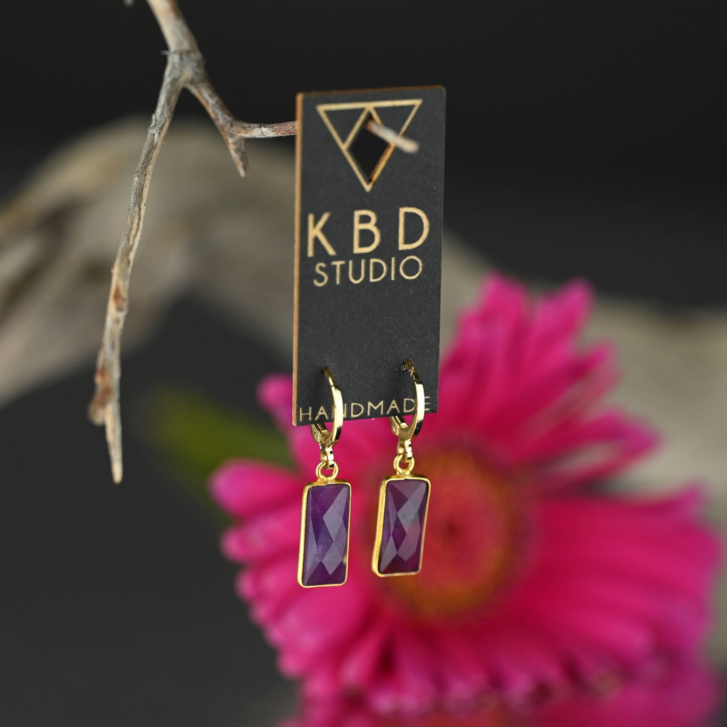Golden Huggie - Rectangle Semi Precious Earrings