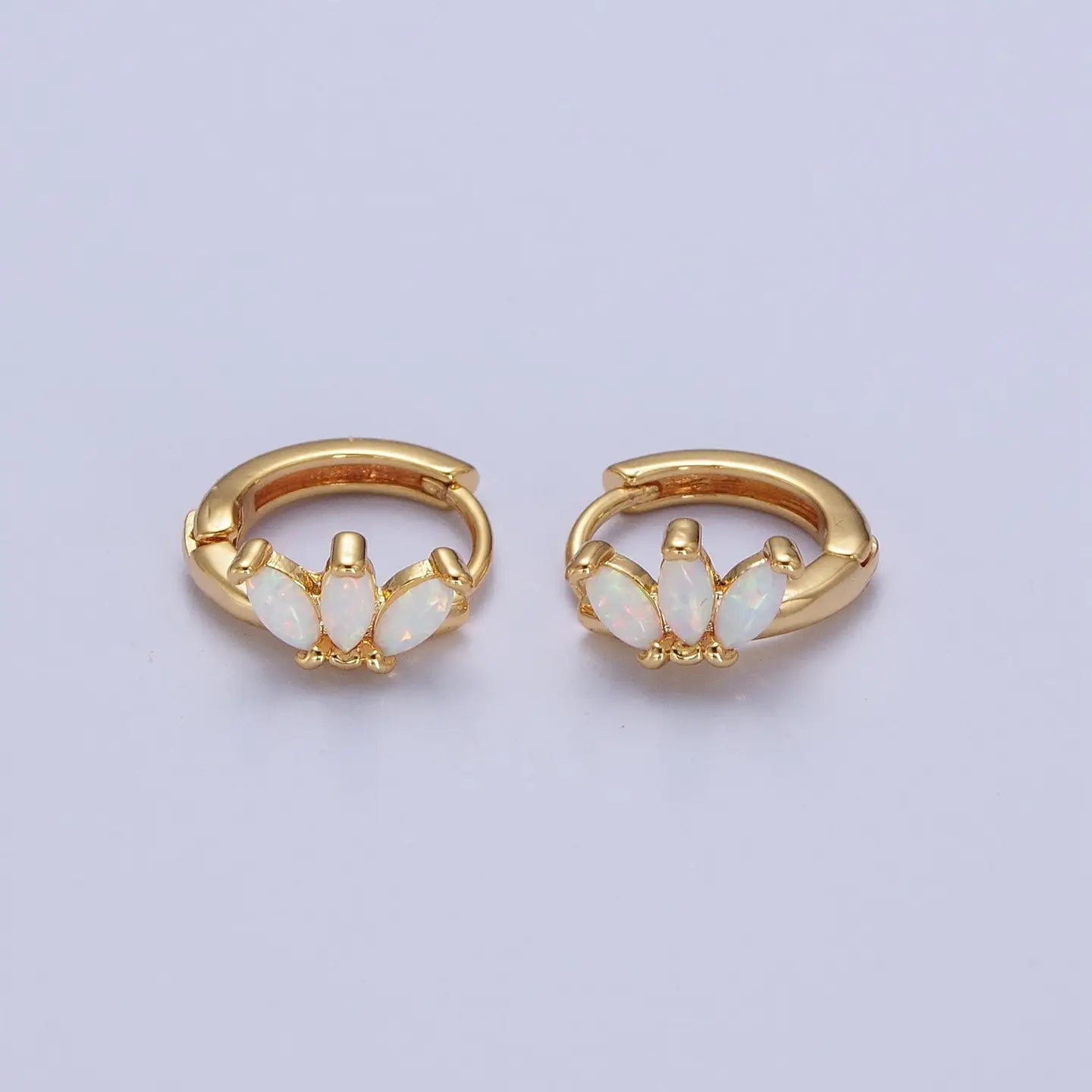 14K Gold Filled White Opal Triple Marquise Huggies