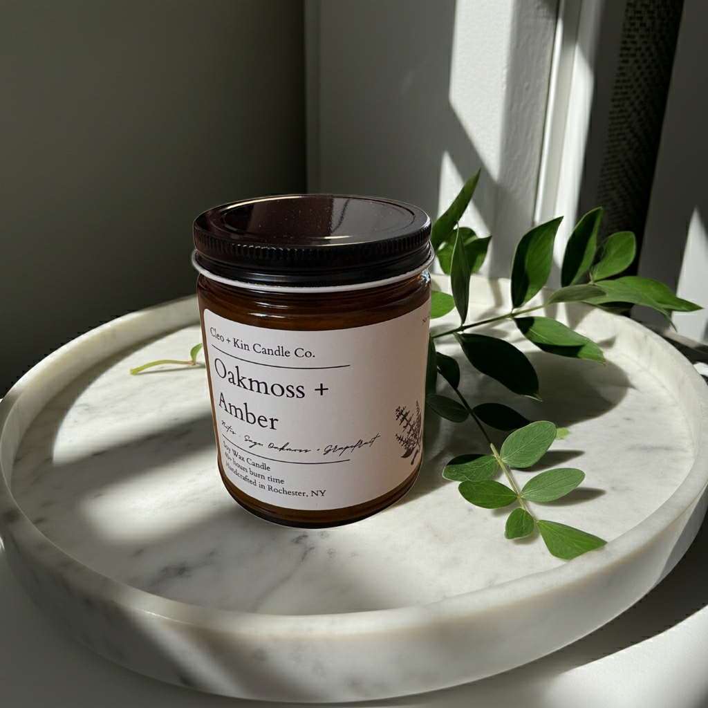 Cleo + Kin Candle Oakmoss + Amber