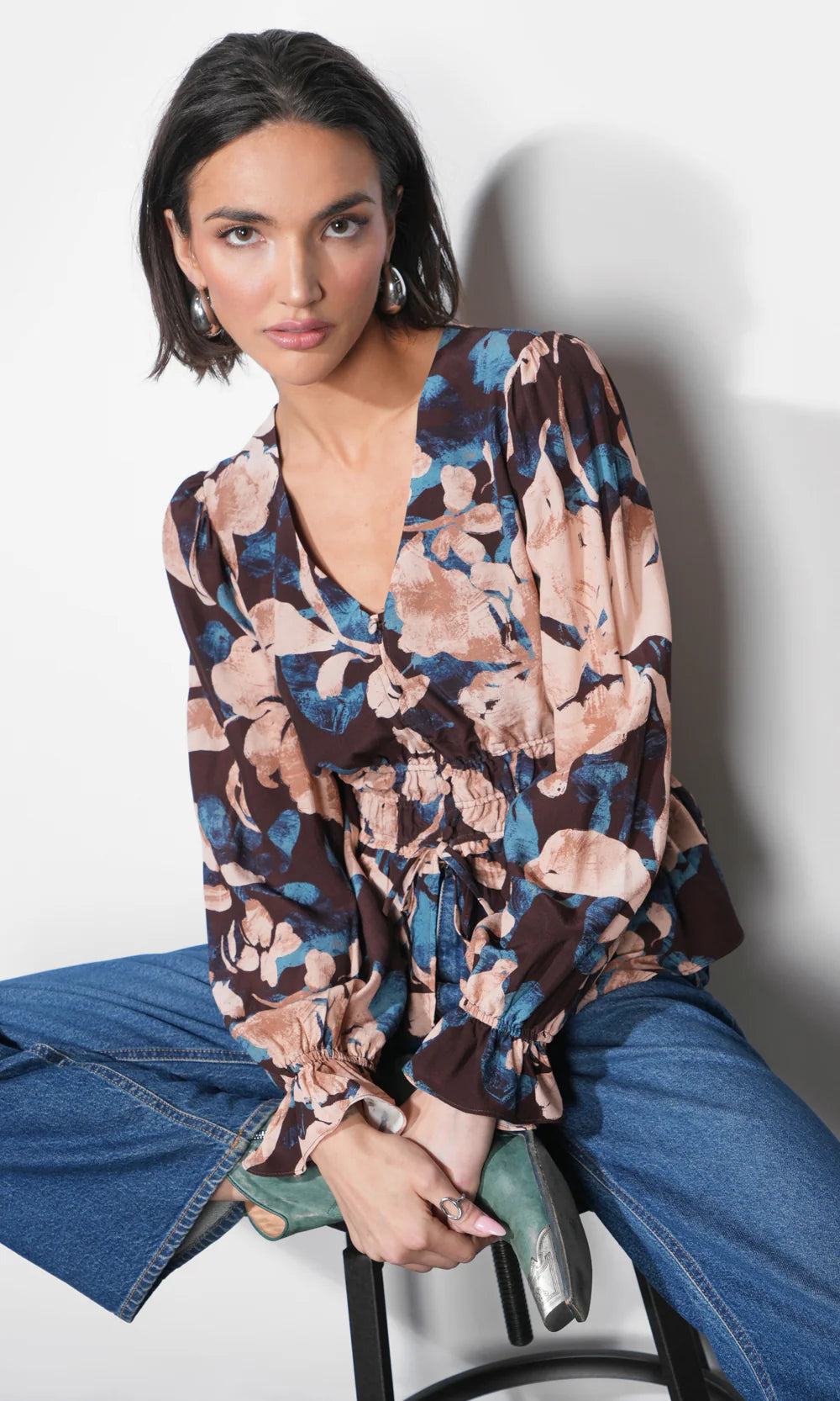 Nicki Printed V Neck Blouse