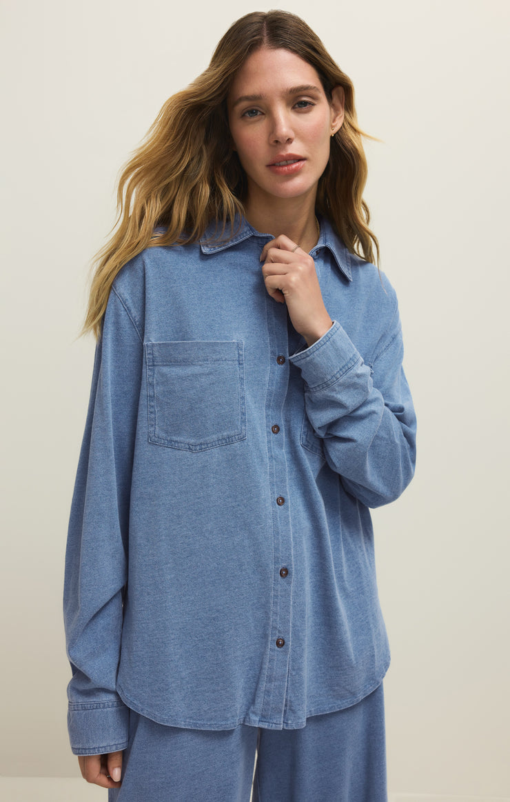 Reese Jersey Denim Button Up