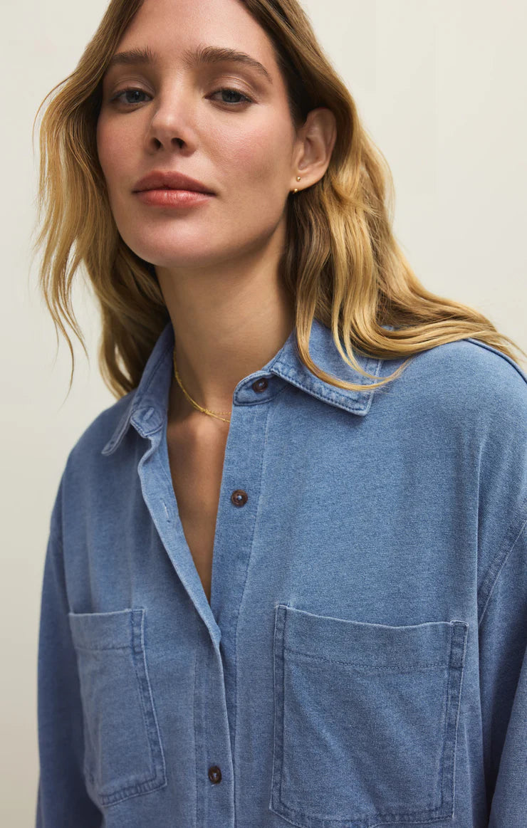 Reese Jersey Denim Button Up