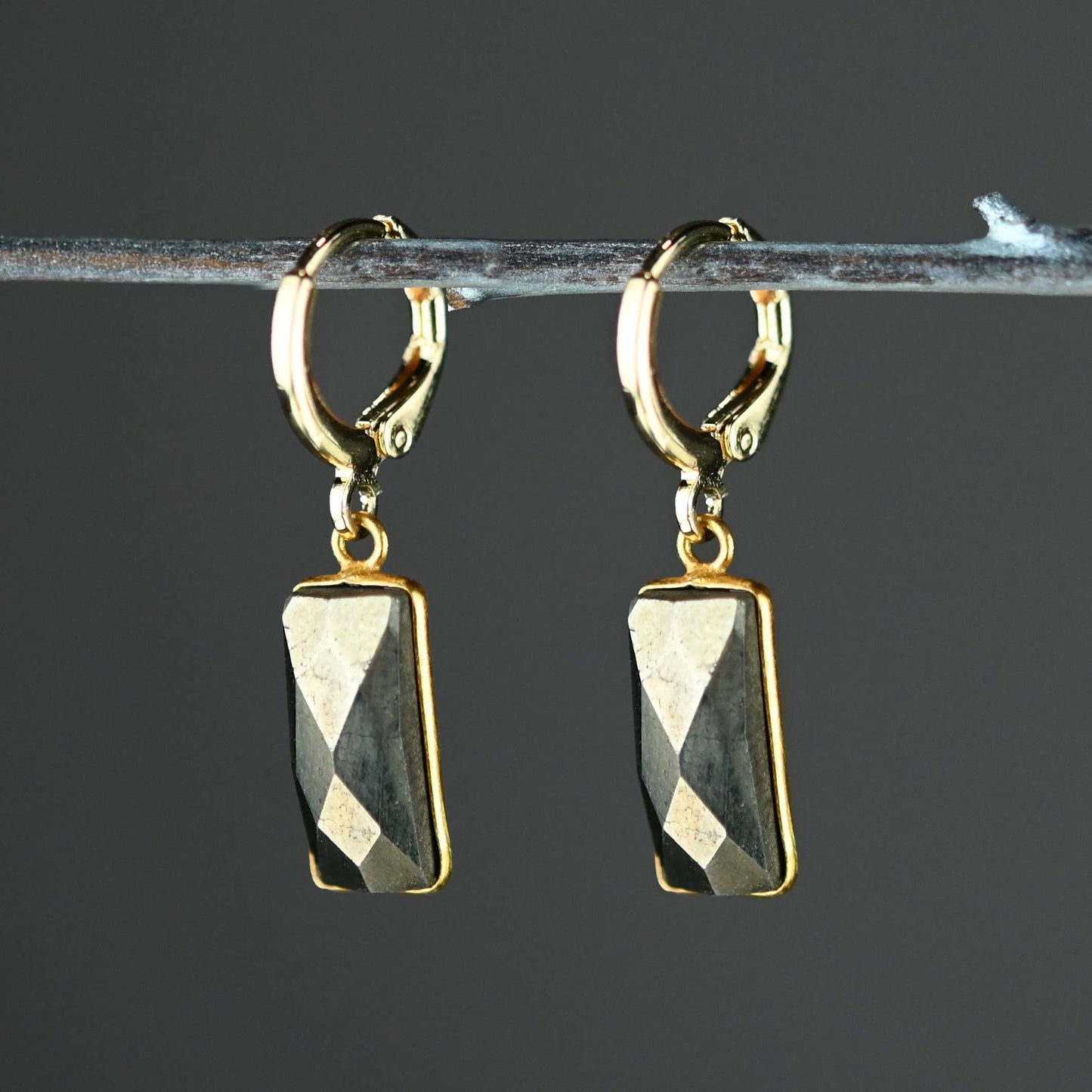Golden Huggie - Rectangle Semi Precious Earrings
