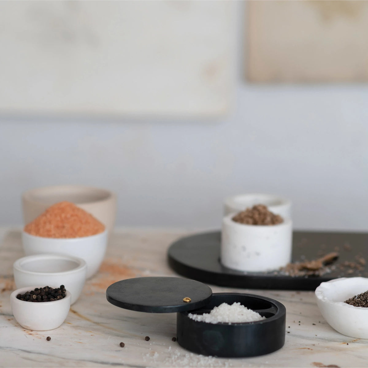 Mango Wood Tray with 2 Marble Bowls + Spoon