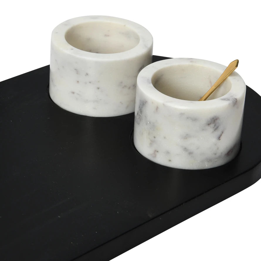 Mango Wood Tray with 2 Marble Bowls + Spoon