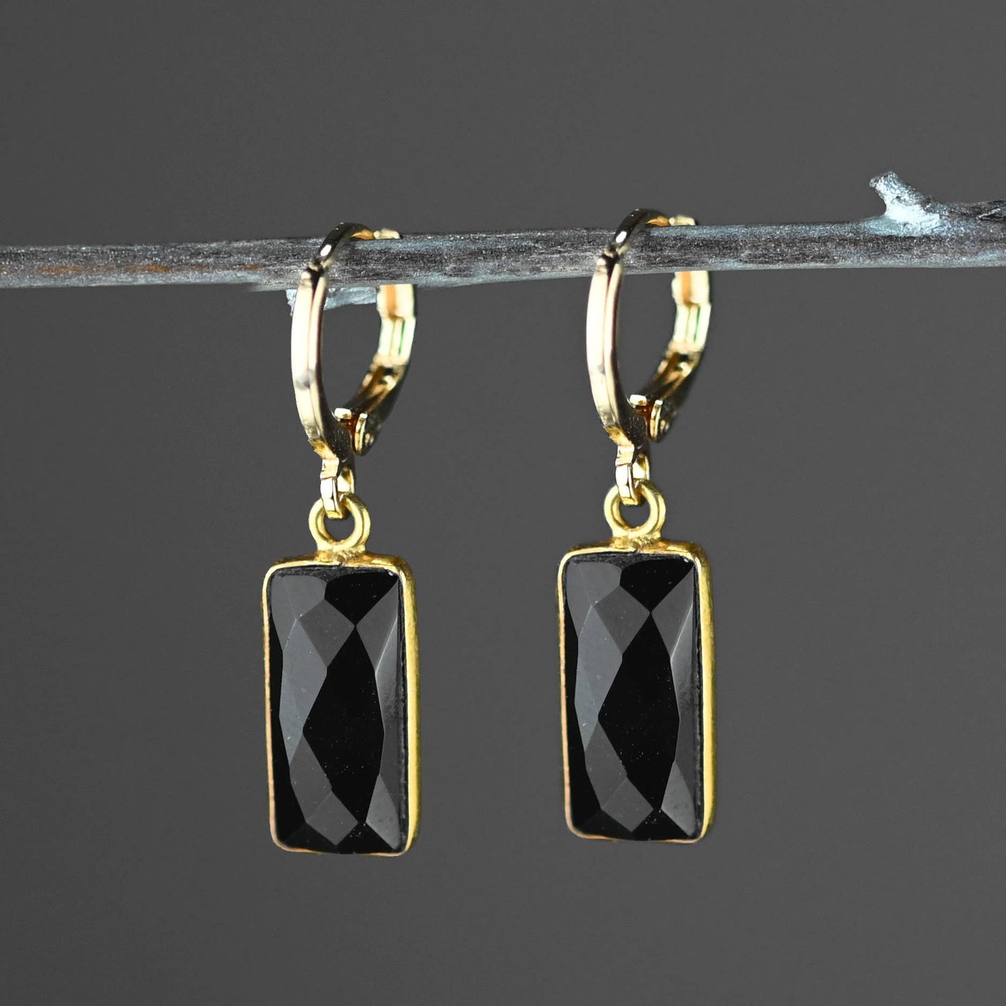 Golden Huggie - Rectangle Semi Precious Earrings