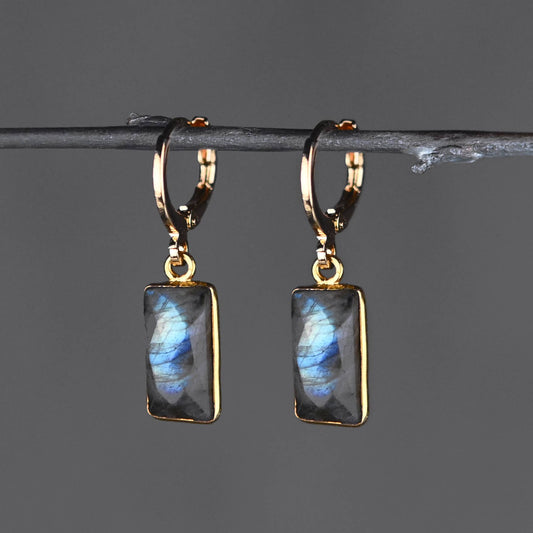 Golden Huggie - Rectangle Semi Precious Earrings