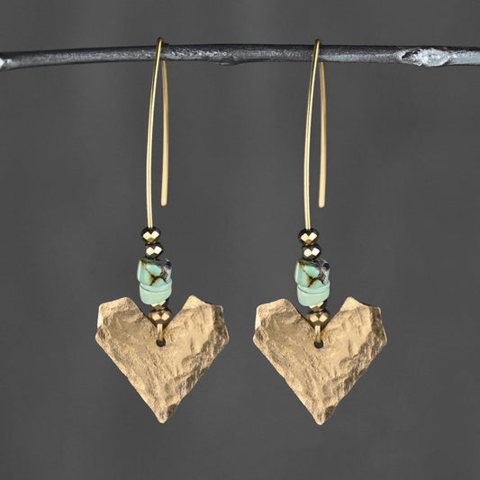 Hammered Brass Heart Wire & Turquoise Jasper Earring