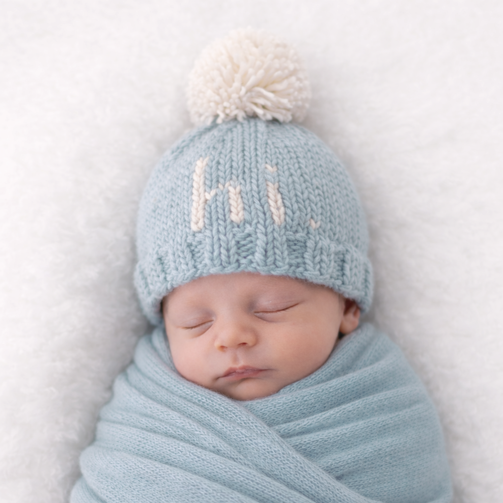 Hi. Surf Blue Hand Knit Beanie Hat