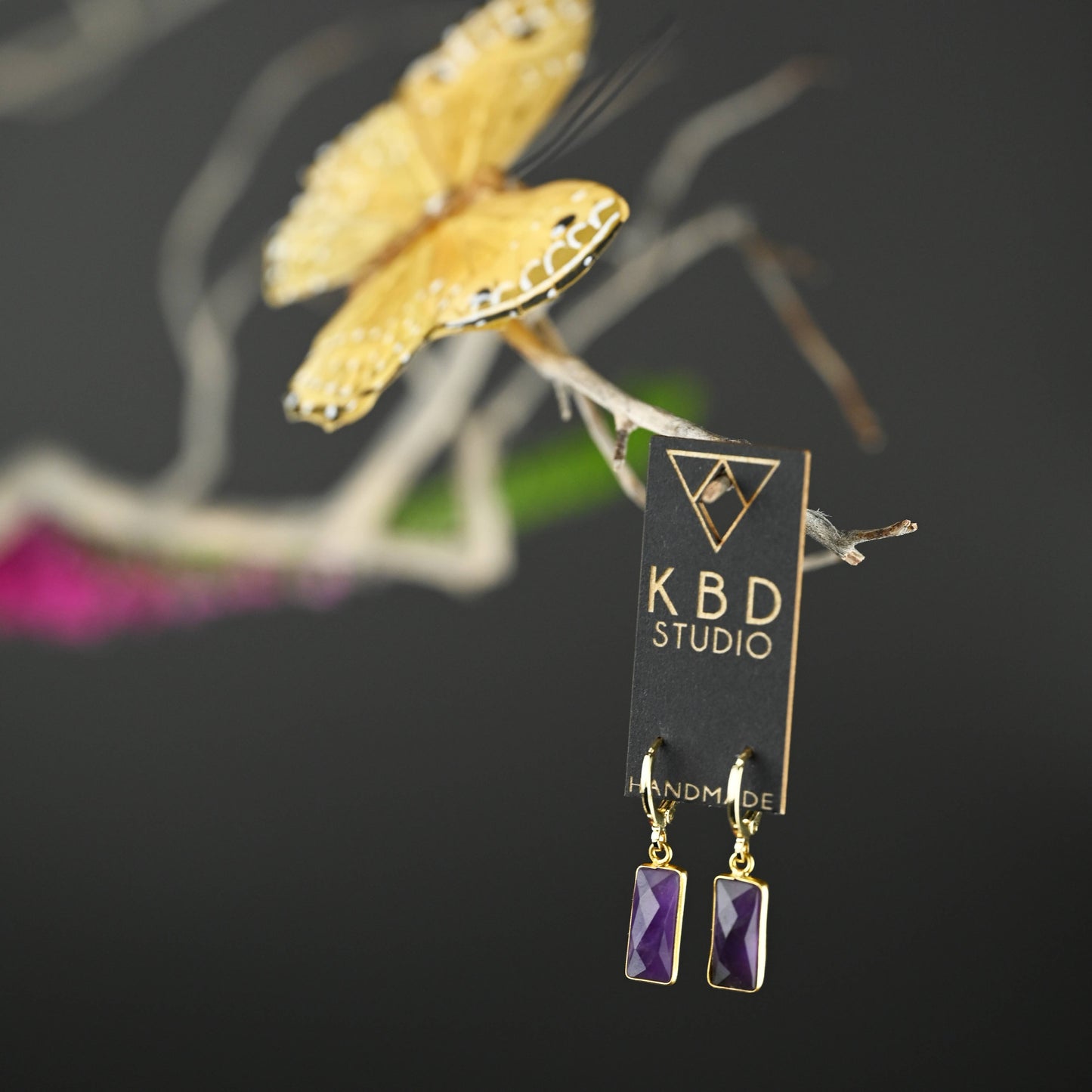 Golden Huggie - Rectangle Semi Precious Earrings