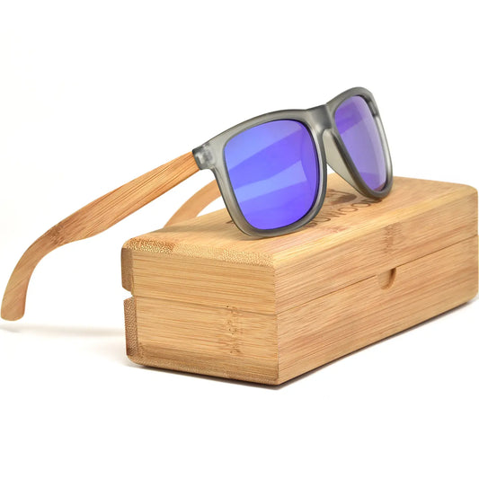 Square Bamboo Wood Sunglasses with Blue Polarized Lenses