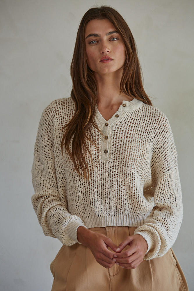 Leighton Henley Pullover Sweater  Cream Small