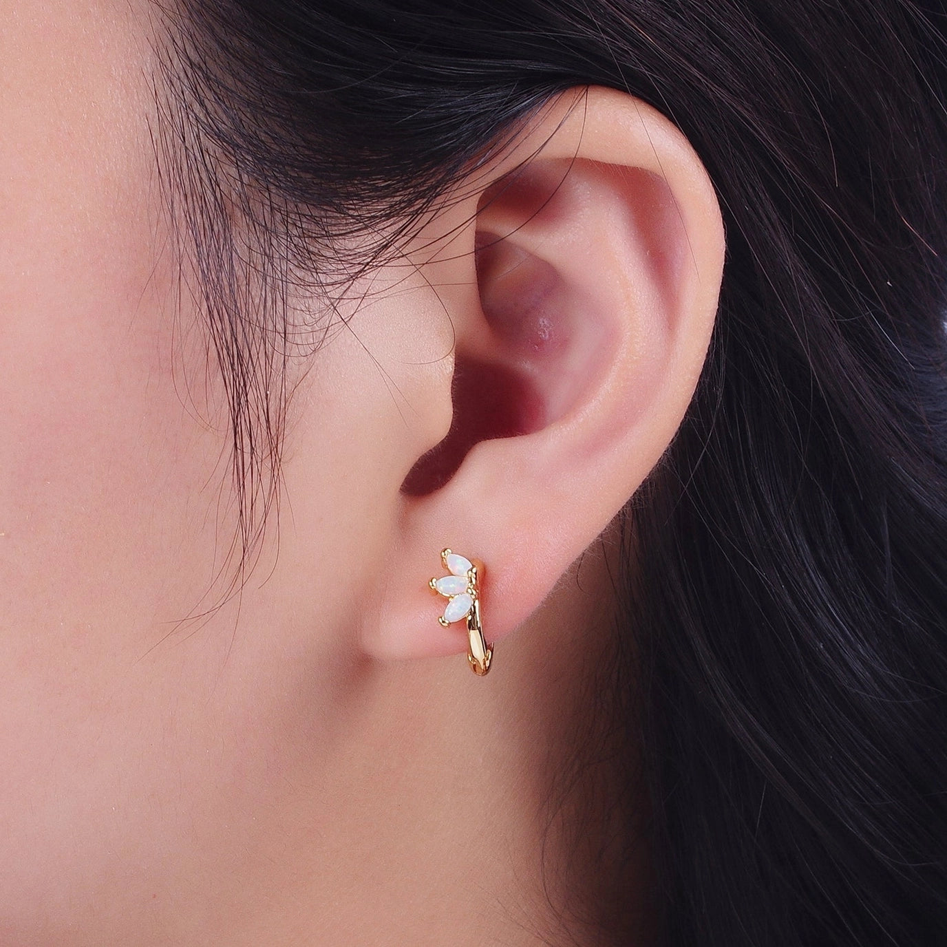 14K Gold Filled White Opal Triple Marquise Huggies